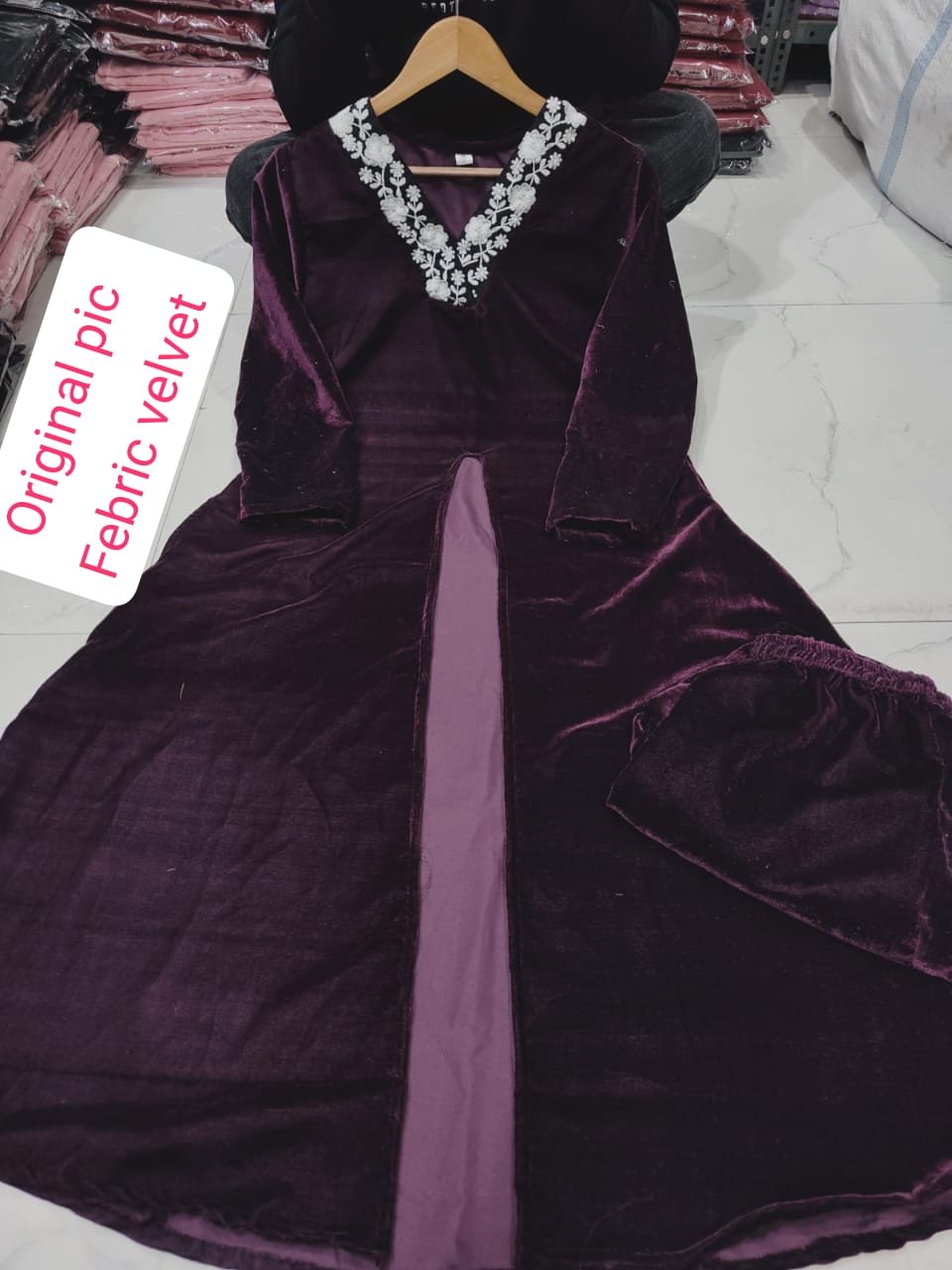 Wine Pure Velvet Suit Set with Thread Embroidery